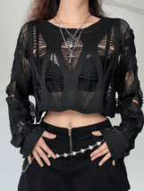 Wicked Silk Goth Punk Rock Shredded Crop Black Knit Sweater Top - L - £19.30 GBP