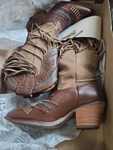 Dingo Gypsy Studded Fringe Teal/Beige Snip Toe Cowboy  Womens Brown Casu... - $89.05