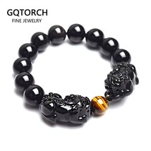 Natural Black and Gold Obsidian Stone Beads Bracelet Double Pixiu Chinese Fengsh - £22.64 GBP