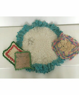 Vintage crochet doilies and pot holder lot shabby chic country cottage d... - $19.75