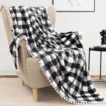 Black White Buffalo Plaid Throw Blanket Pom Pom Twin Bed Couch Sofa Fleece Soft  - £40.38 GBP