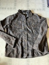 Chico&#39;s Jean Jacket Size 2 Large brown Floral Print Stretch Denim Button... - £21.34 GBP