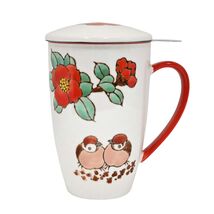 Twin Sparrows Florals 15oz Porcelain Tea Mug With Lid &amp; Stainless Steel ... - $24.99