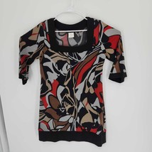 Blu Sage Womens Tunic Top Black Red Abstract 3/4 Sleeve Square Neck Stre... - £9.48 GBP