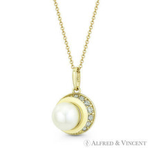 6.5mm Freshwater White Pearl CZ Crystal Crescent Moon Pendant in 14k Yellow Gold - £70.93 GBP+