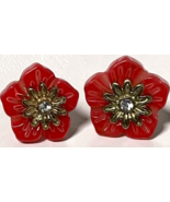 VTG Cherry Red Carved Resin Flower Earrings Goldtone Center Rhinestone A... - $13.99