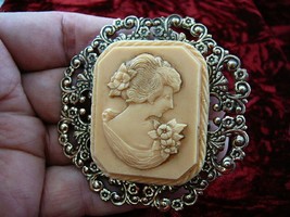 (CL87-7) WOMAN in flowers ivory rectangle CAMEO filigree Pin Pendant Jewelry - £29.42 GBP
