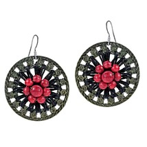 Antique Round Flower Brass Red Coral .925 Silver Earrings - £9.38 GBP