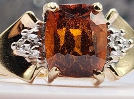 14k Yellow Gold Natural 3.00ct Orange Hessonite With Accent Diamonds Ring - £663.73 GBP