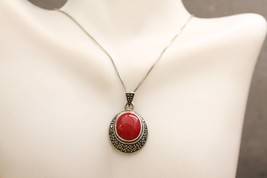 Vintage Fine Jewelry Sterling Silver SA Marcasite Dark Rose Pink Glass P... - $24.99