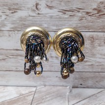 Vintage Clip On Earrings Extra Large Statement Earrings with Beaded Dangle - £13.58 GBP