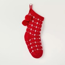 Hearth &amp; Hand Magnolia Sweater Fleck Jacquard Knit Christmas Poms Stocking Red - £19.97 GBP
