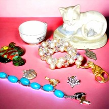Grandma&#39;s vintage junk drawer with jewelry and figurines - £36.40 GBP