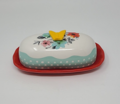 Pioneer Woman Covered Butter Dish Market Floral Butterfly Pattern 6.4” - £12.65 GBP