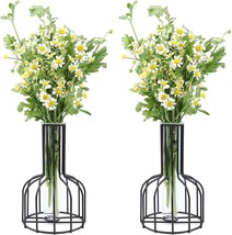 Kathney Small Black Flower Glass Bud Test Tube Vase Clear Metal Geometric Modern - £27.17 GBP
