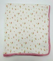 Chaps Baby Girl Blanket white Pink Flowers Cotton Striped Trim Security B44 - £19.74 GBP