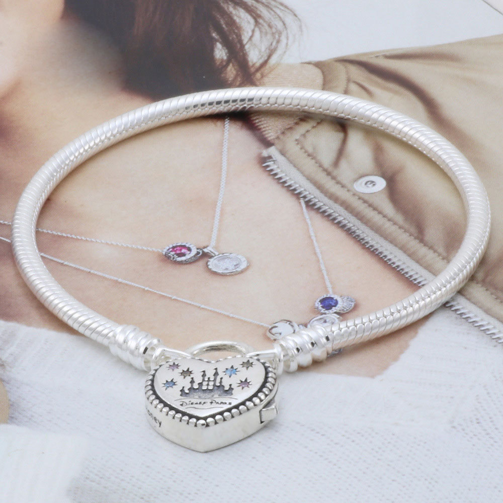 925 Sterling Silver Disney Fantasyland Castle Heart Snake Chain Charm Bracelet
