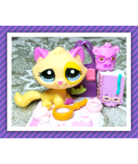 Authentic Littlest Pet Shop LPS #2406 Yellow Pink Tabby Cat Blue Eyes Ra... - $40.59