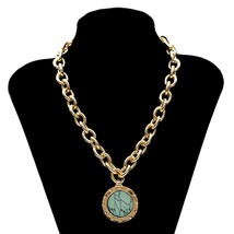 IngeSight.Z Vintage Green Stone Pendant Necklace Statement Gold Color Heavy Meta - £13.09 GBP
