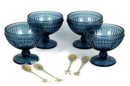 Shining Craft Lot of 4 Blue Glass Ice Cream Dessert Cups Bowls Spoons Set  - $44.54