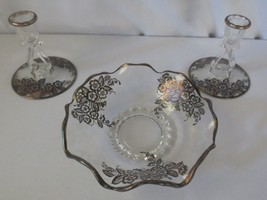Fostoria Console Silver Overlay set Floral Baroque design Bowl and Candl... - $150.00