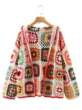 Bohemia Colored Plaid Flower Hand Crochet Hooded Short Cardigan_ - £47.10 GBP