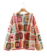 Bohemia Colored Plaid Flower Hand Crochet Hooded Short Cardigan_ - £47.16 GBP