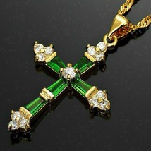 3Ct Esmeralda &amp; Lab-Created Colgante Cruz Diamante 14K Plata Bañada en Oro 18&quot; - £225.02 GBP
