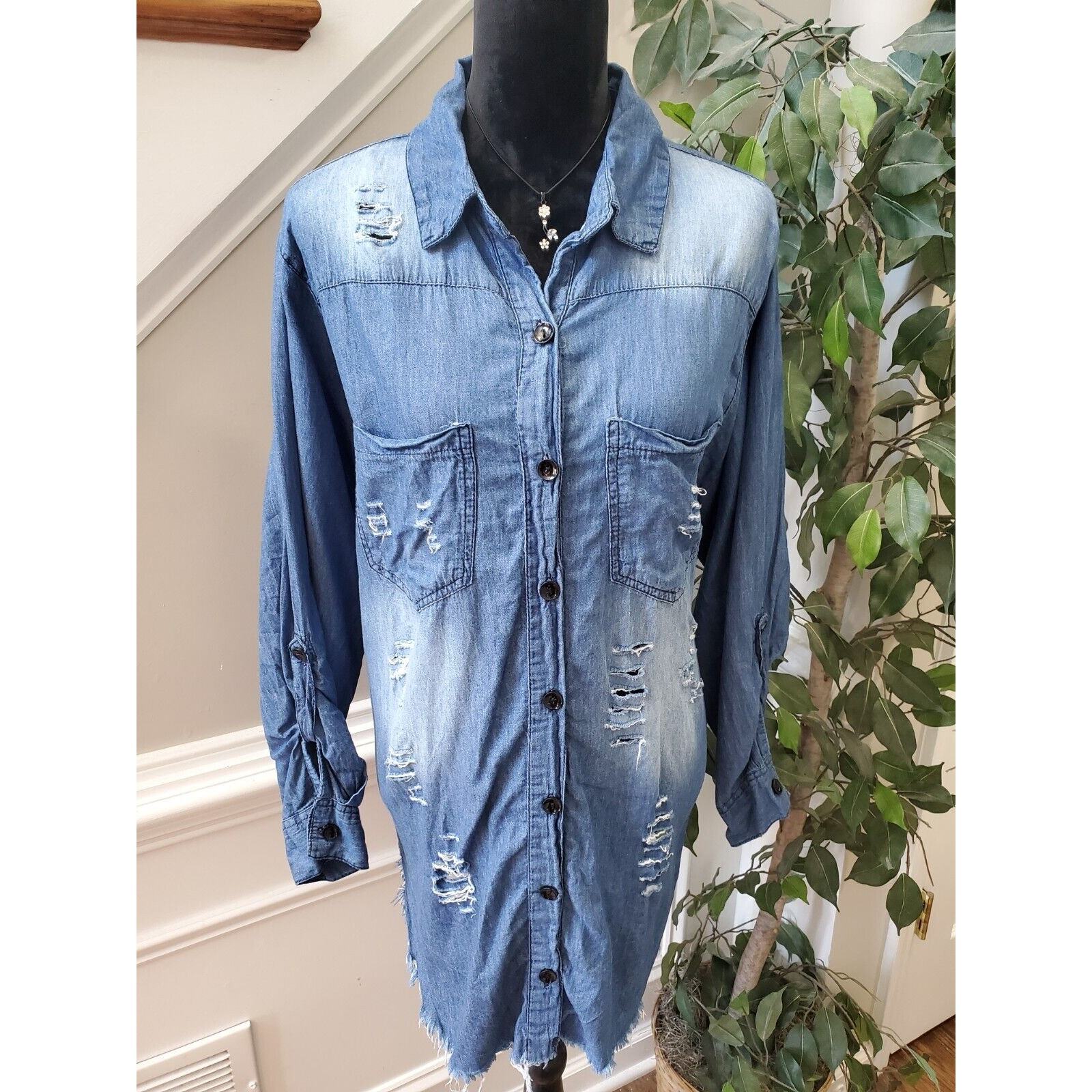 Thrill Jeans Distressed Blue Cotton Collared Long Sleeve Button Down Shirt 2X Item image 9