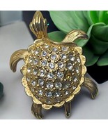 Vtg Wobbly Shell Rhinestone Crusted Goldtone Turtle Green Eyes Brooch Pin - $18.58