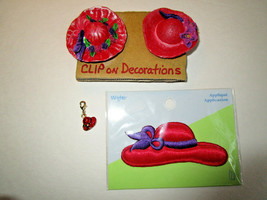 Red Hat Accessories Lot Decorative Clip Ons, Enameled Charm, Patch Applique - $7.99
