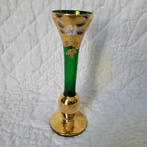 Bohemian Czech Emerald Green Glass Bud Vase Hand Painted Flowers Gold Accent 6&quot; - £16.90 GBP