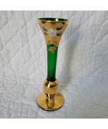 Bohemian Czech Emerald Green Glass Bud Vase Hand Painted Flowers Gold Ac... - £16.89 GBP