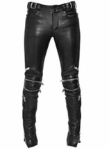 Black Zipper Leather Lambskin Track Pants Motor Biker Stylish Men Designer - £108.56 GBP+