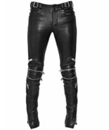 Black Zipper Leather Lambskin Track Pants Motor Biker Stylish Men Designer - $161.93 CAD+