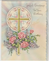 Vintage Birthday Card Gold Cross Roses Purple Flowers 1950&#39;s Religious - $5.93