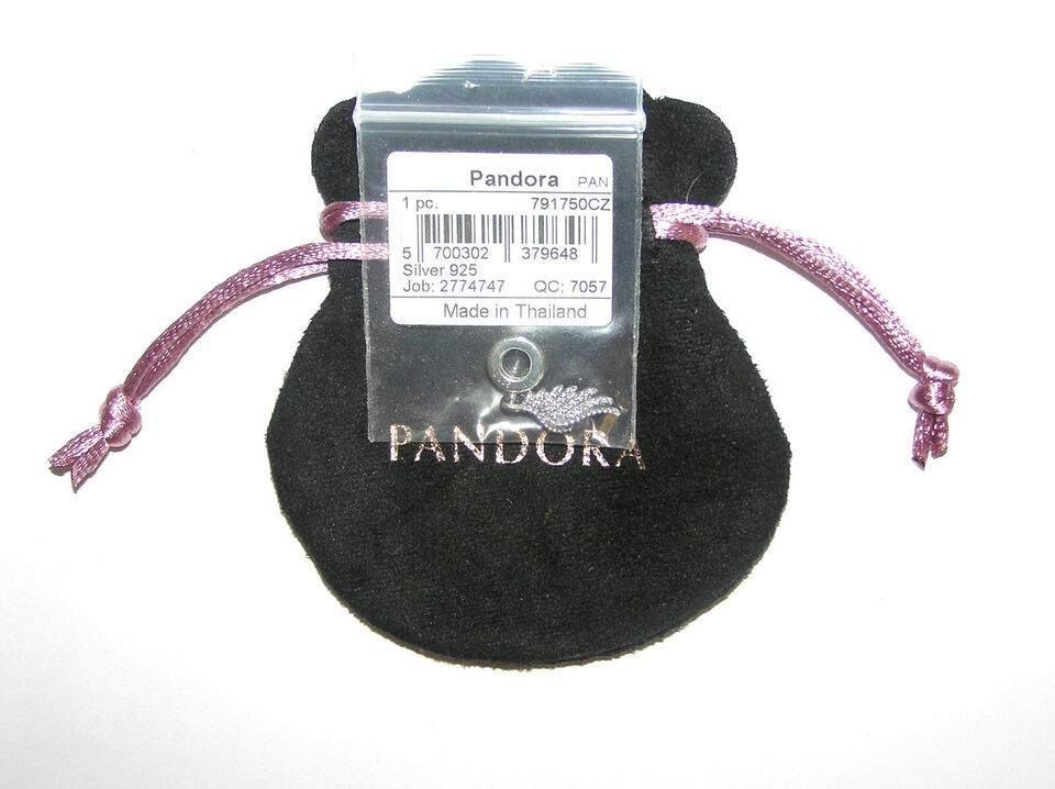 New Authentic Pandora Charm Bead, Majestic Feather Wing 791750CZ + Pandora Pouch