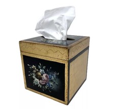 Florentine Wood Tissue Box Hand-painted Gold Black Floral Hinged Italian Vintage - £50.79 GBP