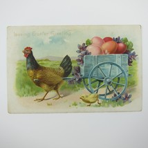 Easter Greeting Card Chicken Cart Colored Eggs Purple Flowers Embossed Antique - £7.98 GBP