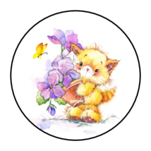 KITTEN WITH FLOWERS ENVELOPE SEALS STICKERS LABELS TAGS 1.5&quot; ROUND BUTTE... - $7.49