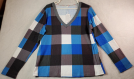 Exclusive T Shirt Top Women Size Large Blue Gray Check Long Casual Sleeve V Neck - £7.33 GBP