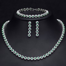 CWWZircons 3 Pcs CZ Green Crystal Bracelet Necklace and Earrings Sets Luxury Wom - £43.43 GBP