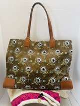 Tory Burch Ella Olive Modernist Bloom Nylon Natural Leather Large Tote Bag NWT - £220.51 GBP
