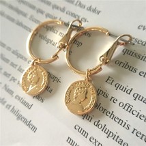 Cute Coin Pendant Hoop Earrings Gold Color Small Coin 20mm Hoop Earrings Mini Ea - £7.63 GBP