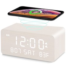 Wooden Digital Alarm Clock With Wireless Charging, 0-100% Adjustable Brightness  - £43.49 GBP