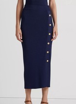 Lauren Ralph Lauren Women&#39;s Navy Blue Button Front Rib Knit Midi Skirt M... - $54.22