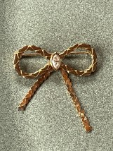 Vintage Small Flattened Goldtone Chain Ribbon Bow w Center Clear Marquis Rhinest - £8.85 GBP