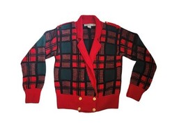 CARLISLE Sport Wool Tartan Plaid wool knit Cardigan Sweater Jacket Holid... - €46,41 EUR