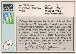 Ian Williams Australia Hand Signed Rugby 1991 World Cup Card Photo - £10.50 GBP