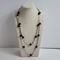 Continuous Faceted Black Beaded And Silver Tone Bar Chain Link Necklace 48&quot;  - $9.88